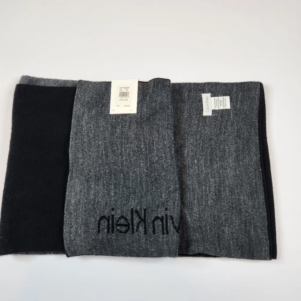 Mens Calvin Klein Reversible Grey Black Knit Scarf Muffler NWT
